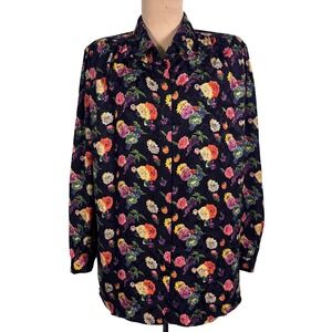 VTG 100% Silk Dark Floral Jacquard Blouse Large Mandarin Collar Puff Sleeve